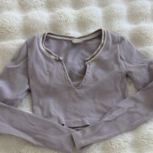 Urban Outfitters Lavender Ribbed Cropped V-Neck Long Sleeve Top